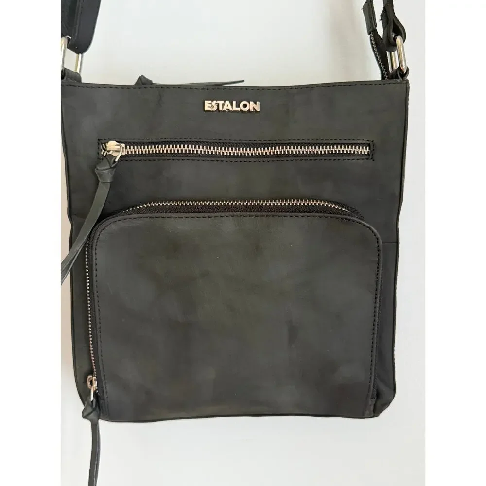 Estalon Black Leather Crossbody Bag Multi Pocket Adjustable Strap Travel Purse